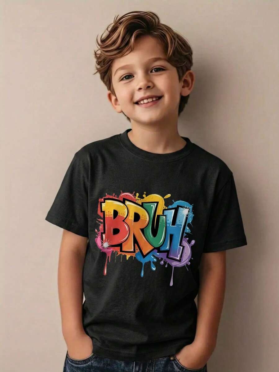 Boys T-Shirt Bruh Graffiti Print 100% Cotton Short Sleeve Crew Neck Graphic Tee Streetwear Vintage Print For School Outfit Perfect Gifts For Birthday - 黑色 - 查看 1