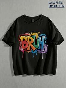 Boys T-Shirt Bruh Graffiti Print 100% Cotton Short Sleeve Crew Neck Graphic Tee Streetwear Vintage Print For School Outfit Perfect Gifts For Birthday - 黑色 - 查看 2