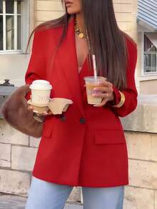 2026春夏红色职业女士西装外套，时尚优雅圣诞新年派对休闲薄款纯色商务双排扣西装夹克 - 紅色 - 查看 2