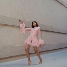 New Spring/Autumn Style Niche Design Button-Up Long-Sleeved Dress With Puff Print And Ruffles For A Slimming Look - Pink - View 7