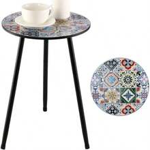 1 paquete de mesa auxiliar de metal para exteriores pequeña mesa auxiliar redonda exterior para patio mesa de esquina de jardín moderna para espacios pequeños balcón porche resistente a la - Mosaico mixto - Ver 8