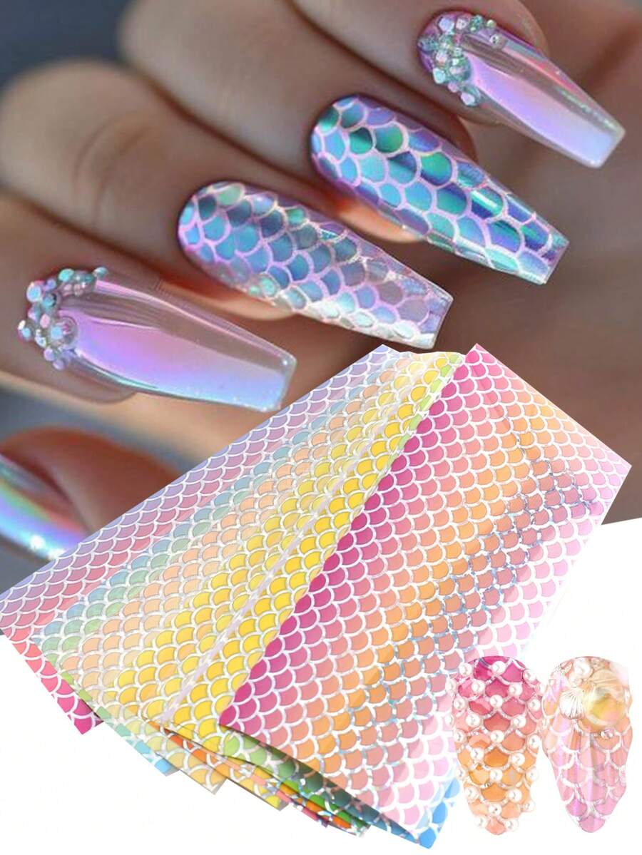 10 miếng dán móng tay hình vảy cá thiên hà hologram, 10 màu, kích thước 20x4cm, chất liệu giấy bạc bóng, thích hợp cho kỳ nghỉ biển và làm móng mùa hè. - Nhiều màu - Xem 1