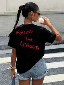 LOVE JOYY Korn Element Follow The Leader Hopscotch Pattern 女款新款T恤，街头朋克摇滚乐队女孩休闲上衣，适合摇滚乐队派对、春夏日常穿着 - 黑色 - 查看 2