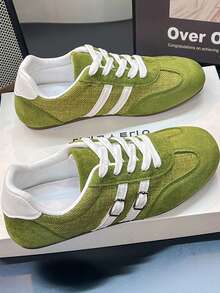 2026年春季新款女士休闲平底复古运动鞋，百搭系带运动鞋 - 綠色 - 查看 5