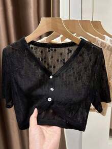 1 chiếc áo khoác ren đen, áo choàng bolero mỏng nhẹ, tay ngắn, thích hợp mặc ngoài váy, mùa hè, đi biển, nghỉ lễ. - màu đen - Xem 9