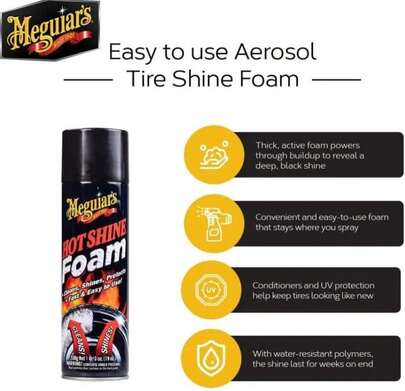 Meguiar'S Hot Shine Tire Foam, High Gloss Tire Shine That Cleans, Shines, And Protects In One Step, Deep, Black Shine With Conditioners And UV Protection, Best Gifts For Car Lovers, 19 Oz Aerosol