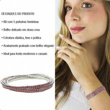 Women's Semi-Jewelry Set, 925 Sterling Silver Plated, Kit Of 5 Elastic Bracelets With Sparkling Rhinestones, Silver Finish - 淺粉色 - 查看 3