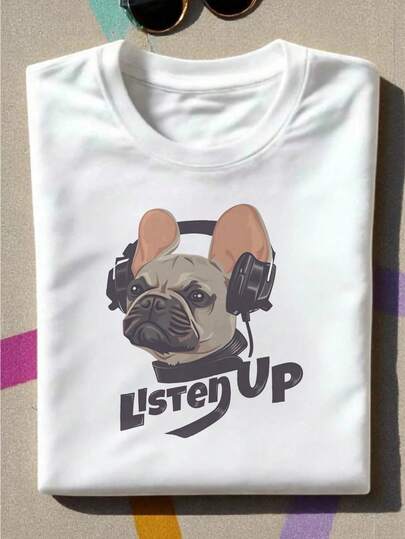Women's Clothing 2026 Summer Women's Short-Sleeve T-Shirt With A French Bulldog Motif Wearing Headphones And A "Listen Up" Graphic Pattern, Relaxed Fit, Crew Neck, Embodies Streetwear Style For Everyday Wear, Soft And Breathable. 1 Piece Of Women's Vintage T-Shirt Made From 100% Cotton, 6D Pattern, Crew Neck, Short Sleeves, Suitable For Year-Round Wear.