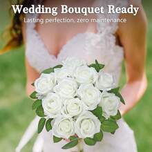 15pcs Artificial Silk Rose Flower Bouquet, Includes 10 Roses And 5 Green Leaves, Suitable For DIY Wedding Bouquet, Valentine's Day, Home Decor, Wedding Decoration - White - View 4
