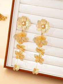 1 Pair Fashionable Personalized Hollow Flower Shaped Pendant Earrings, Suitable For Women's Party, Gathering, Daily Wear, Versatile Gift - Yellow Gold - View 5