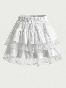 法式芭蕾舞风格蕾丝边高腰褶皱蛋糕裙，夏季防走光蓬蓬裙 - 白色 - 查看 6