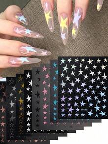 星星美甲贴纸，多种尺寸，Y2K 星星设计，金色、银色、全息玫瑰金、白色、黑色、粉色、蓝色，滑动式美甲装饰，美甲用品，女士礼物 - 彩色 - 查看 1