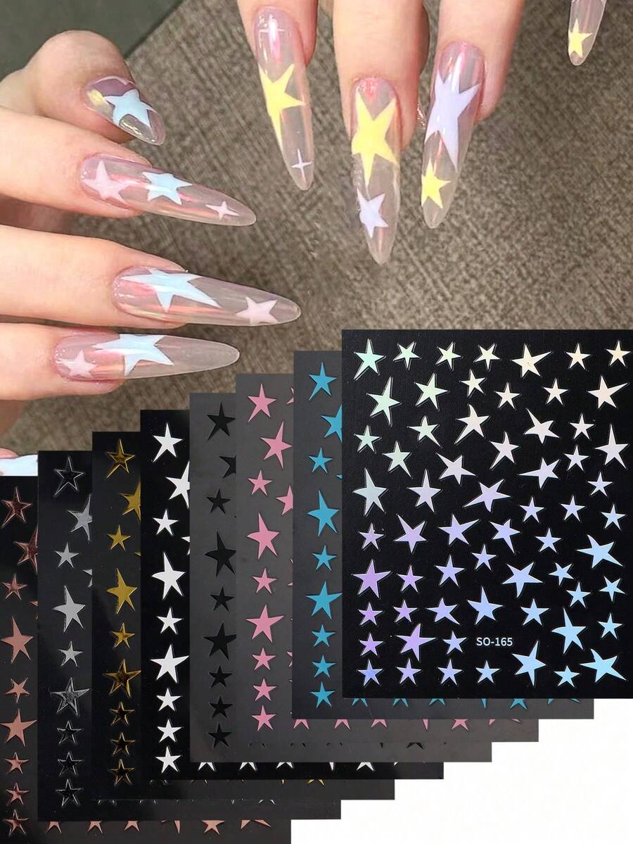 星星美甲贴纸,多种尺寸,Y2K 星星设计,金色、银色、全息玫瑰金、白色、黑色、粉色、蓝色,滑动式美甲装饰,美甲用品,女士礼物 - 彩色 - 查看 1