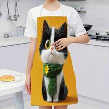 1 Stück Schwarz-Weiße Katze mit grünem Schal + Schürze, geeignet für Küche, Wohnzimmer, Esszimmer, Hotel, Outdoor-Grillen und andere Szenarien, hergestellt aus 100% Polyester, leicht, maschinenwaschbar - Verschiedenfarbig - Übersicht 7