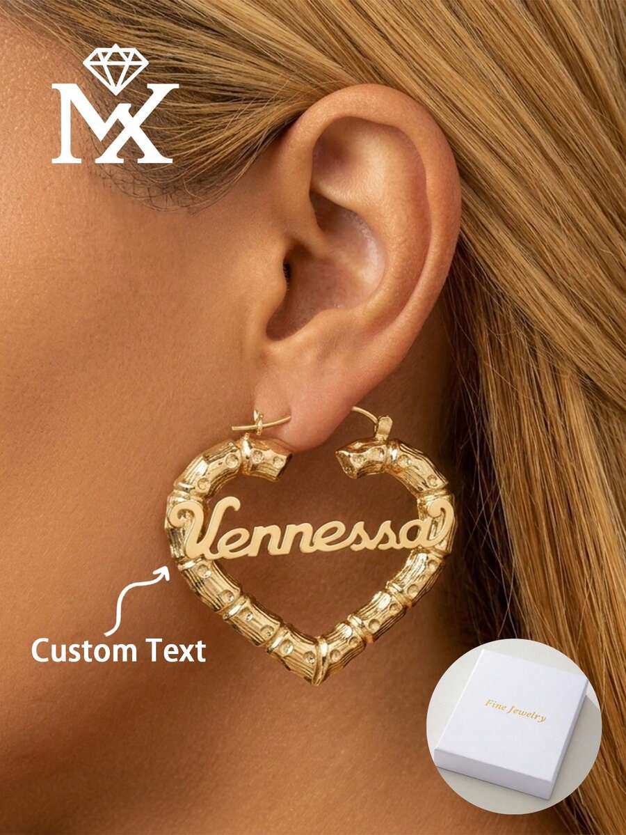 Custom Name Heart Bamboo Earrings • 14K Gold Personalized Nameplate Hoop Earrings • Large Bamboo Heart Hoops • Customized Name Jewelry • Gift For Her - Multicolor - View 1