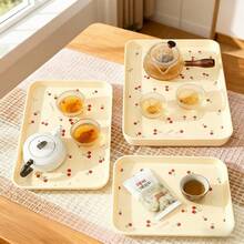 1/4Pcs Multifunctional Cherry Pattern Rectangular Plastic Serving Tray, Reusable Dinner Tray For Food, Snack, Dessert, Fruit, Large Capacity Stackable Storage Tray, Tea Tray, Serving Plate, Suitable For Student And Adult Use In Home, Kitchen, Dorm, Office, Rrestaurant, Picnic - Multicolor - View 4