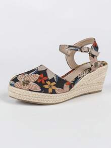 Women's Linen Rope Wedge Sandals, Casual Elastic Band Thick Bottom Shoes. Closed Toe Round Toe Hollow Breathable Platform High Heel Straw Woven Shoes, Fisherman Sandals With Closed Toe, Rubber Sole, Linen Rope Wedge Sandals, Beach Bohemian Hook And Loop Buckle Holiday Party - Black Multicolor - View 7