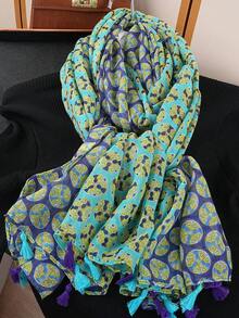 1条波西米亚简约印花围巾，时尚女士披肩，新款户外度假防晒沙滩巾，棉麻质感复古流苏围巾 - 彩色 - 查看 4