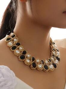 1pc Fashion Crystal & Pearl Double-Strand Necklace, Women's Necklace, Women's Jewelry, Pearl Necklace, Western Jewelry, Choker, Women's Choker Necklace, Women's Necklace, Women's Jewelry Set, Chunky Jewelry, Bohemian Style Jewelry, Summer Jewelry - Two Rows Of Crystal Pearls - View 9