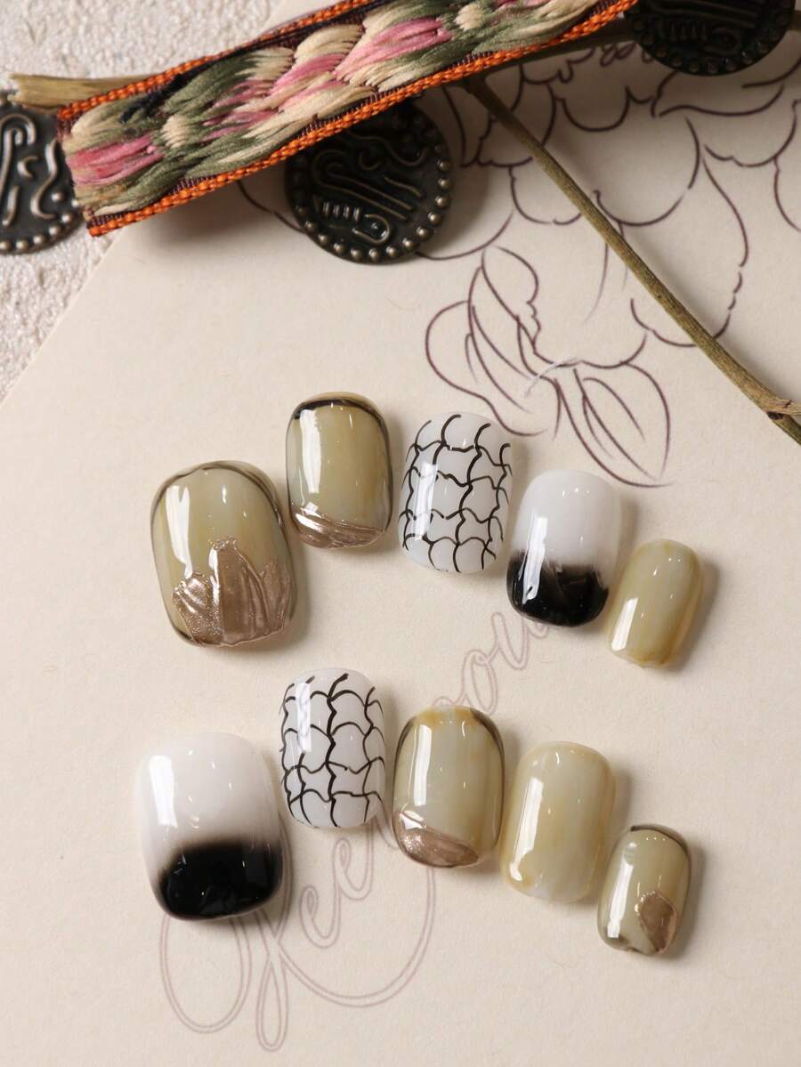 10 piezas de uñas postizas con líneas blancas y negras con efecto de halo, suministros de uñas postizas, uñas falsas cortas para uso diario en la oficina, kit de uñas artificiales que incluye 1 hoja de pegatinas adhesivas y 1 lima pequeña - Multicolor - Ver 1