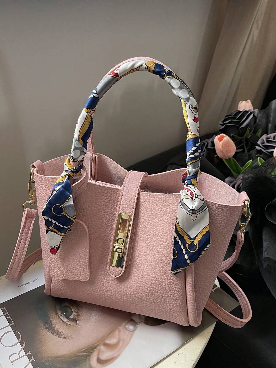 2pcs Spring New Fashion Litchi Grain PU 2-Piece Bag Set, Includes Handbag And Shoulder Bag, Minimalist Chic Commuter Style, Silk Scarf Bow Decor, Suitable For Women, Girls, Office Essential, Rivet Lace-Up Small Pendant Decor