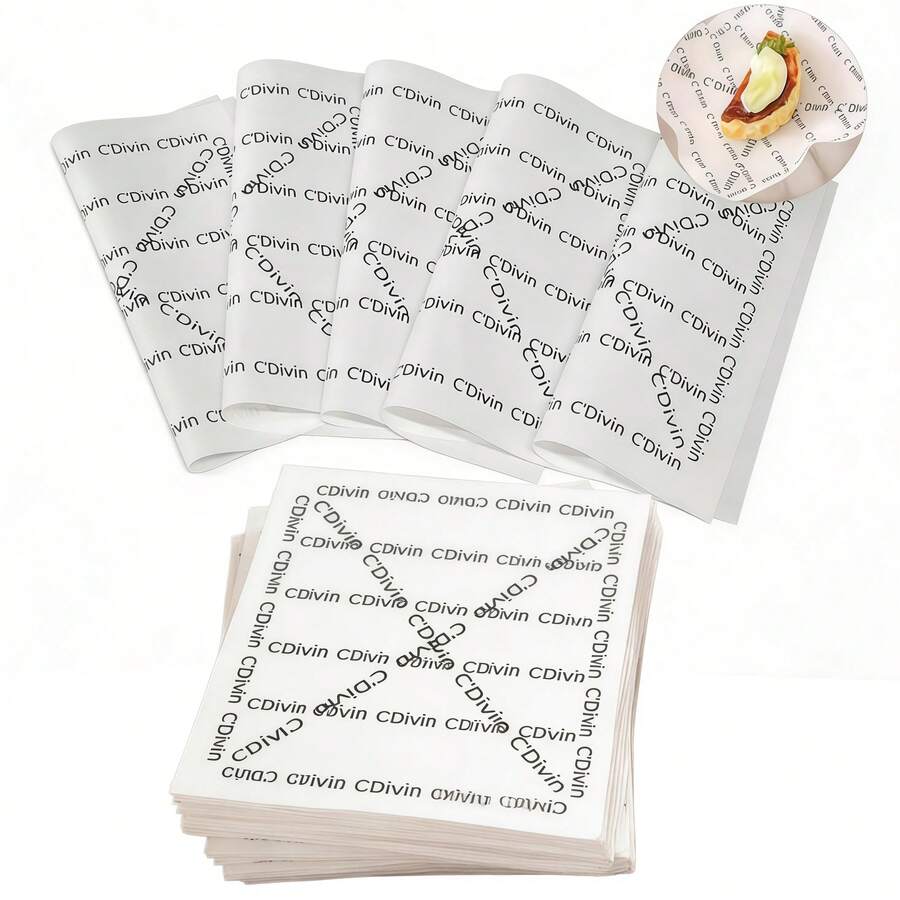 100/200 tờ giấy sáp, giấy lót giỏ, giấy gói thực phẩm dã ngoại, giấy gói thực phẩm chín chống dầu mỡ, giấy nướng BBQ, nền trắng với chữ tiếng Pháp (7.1x7.1 inch) - Xem 1