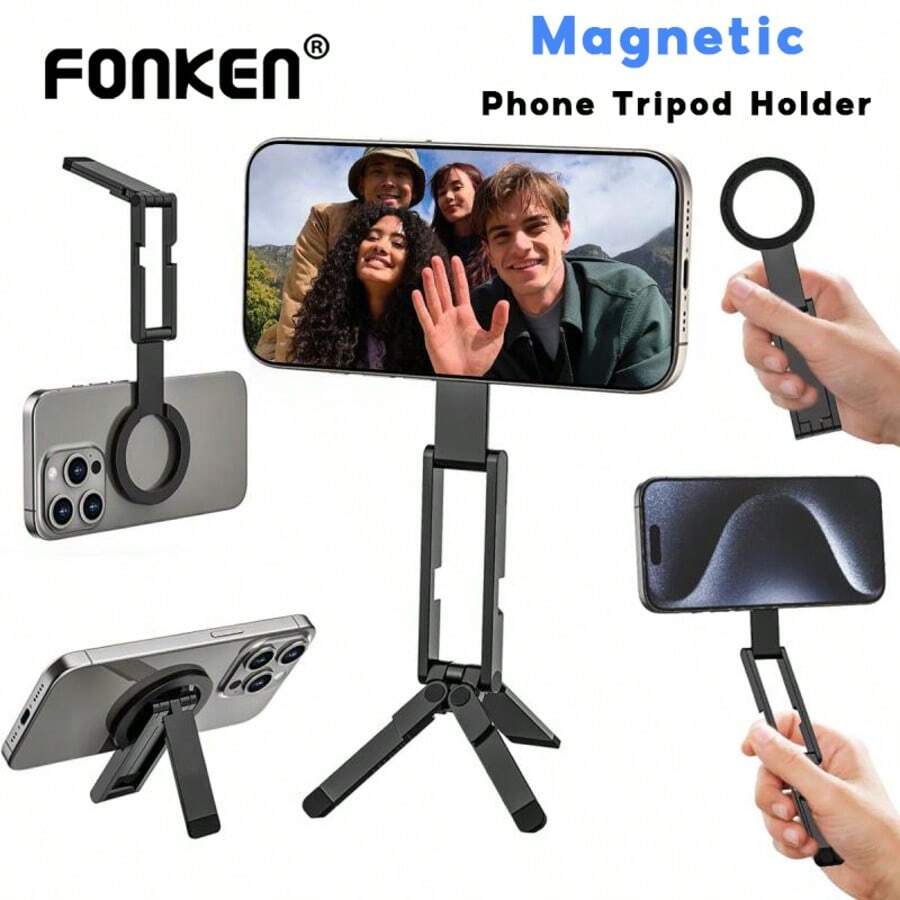 Foldable Magnetic Phone Tripod Holder Rotating Desktop Stand Handheld Selfie Stick Bracket