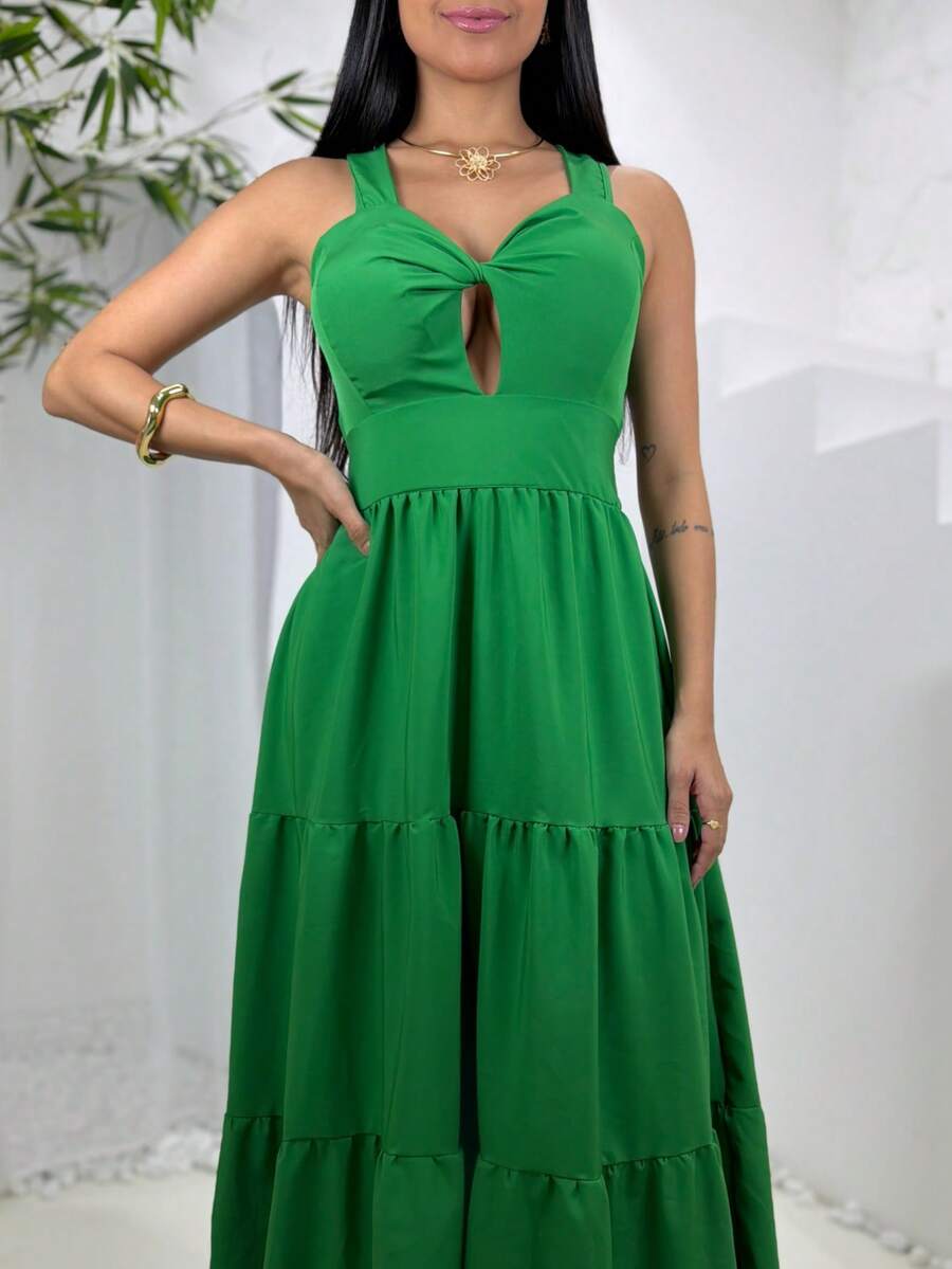 Women's Long Dress With Butterfly Knot - 純綠色 - View 1