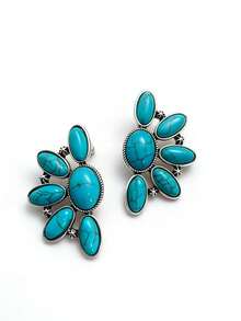 1 Pair Retro Bohemian Style Flower Design Faux Turquoise Stud Earrings, Jewelry Gift Suitable For Women's Party And Travel Wear - Antique Silver - View 4