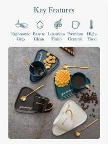 Ceramic Coffee Mug & Tea Cup Set, Gilded Asymmetrical Shape, Personalized For Home, Office, Couples Gift, Birthday Gift - Dark Green - View 2