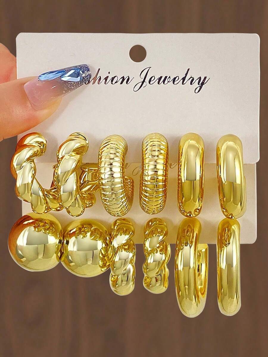 12 piezas Elegantes pendientes de clip de metal en forma de C, Juego de pendientes de diseño minimalista de lujo personalizado y único talla grande vendido en 2026, adecuado para uso diario - Amarillo Oro - Ver 1