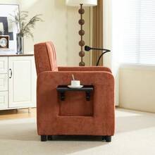 Two-In-One Sleeper Chair, Single Sleeper Sofa, Chenille Armchair (With Cushions And Side Pockets), With A Small Table On One Side And A Storage Bag On The Other, Complete - 橘色 - 查看 6