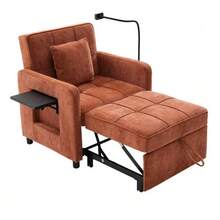Two-In-One Sleeper Chair, Single Sleeper Sofa, Chenille Armchair (With Cushions And Side Pockets), With A Small Table On One Side And A Storage Bag On The Other, Complete - 橘色 - 查看 10