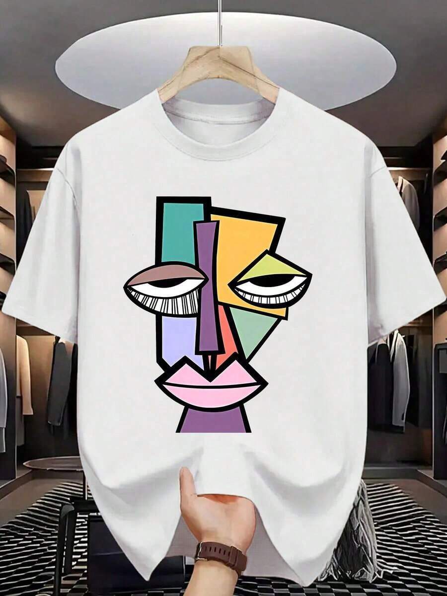 [Camiseta Gráfica Moderna] Camiseta Gráfica Moderna Morada |   Camiseta de Verano para Hombre, Casual, de Manga Corta, Lavable a Máquina, Estampado de Letras, Diseño de Cara Abstracta - Blanco - Ver 1