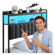 Full Upholstered Led Marco de Cabecero de Almacenamiento para Cama de Full con luz LED RGB, Marco de Cama de Plataforma de Terciopelo con Cabecera Wingback, Sin Ruido - Negro - Ver 9