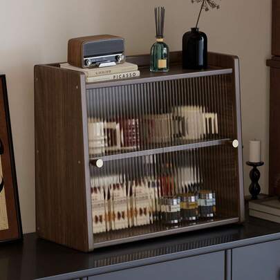 Frameless Kitchen Storage Box With Acrylic Sliding Door, Retro Style, Ideal For Storing Small Items And Glassware, Perfect For Countertop, Trapezoid Design, Easy Installation