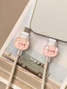 2pcs Cute Transparent Pig Design Data Cable Protector, 20W Universal Type-C Android Gift - Multicolor - View 2