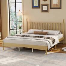 King Size Wood Platform Bed With Gourd Shaped Headboard,Retro Style Platform Bed With Wooden Slat Support,Walnut - Natural + Wood + King - View 3