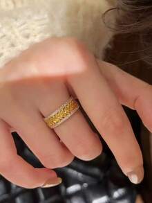 1pc Fashionable Elegant Luxury Cubic Zirconia Inlaid Unique Adjustable Open Ring, Suitable For Party, Wedding, Bridesmaid Wear - Yellow Gold - View 5