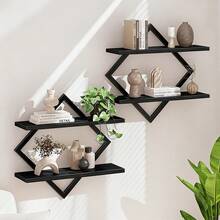 EZIFY 2-Piece Wooden Diamond Floating Shelves, Wall Mounted Space-Saving Anti-Wobble Organizer For Living Room/Bedroom - Brown Two-piece Set - View 2