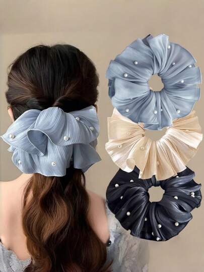 1 chiếc dây buộc tóc bằng satin mềm mại, dây buộc tóc xếp ly lớn đính ngọc trai dành cho nữ, dây buộc tóc co giãn, có các màu be, đen và xanh dương, dây buộc tóc dễ thương, dây buộc tóc đuôi ngựa, dây buộc tóc cỡ lớn, phụ kiện tóc dành cho nữ.