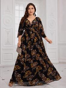 SUPGIR Plus Size Waist Pleated Digital Floral Print Elegant Chiffon Maxi Dress, Random Floral Pattern Cut - Black - View 1