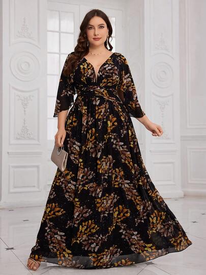 SUPGIR Đầm maxi chiffon xếp ly eo cỡ lớn in họa tiết hoa kỹ thuật số thanh lịch, họa tiết hoa ngẫu nhiên.
