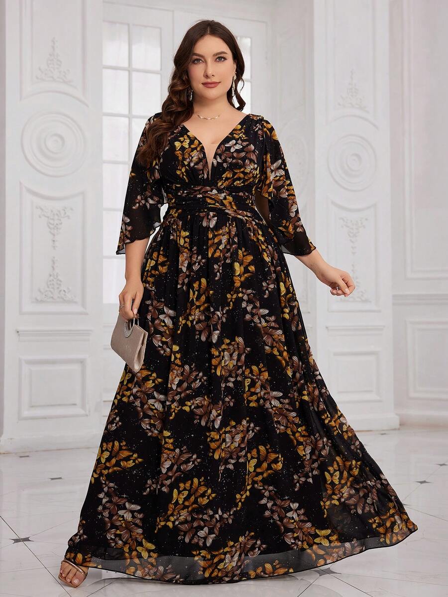 SUPGIR Plus Size Waist Pleated Digital Floral Print Elegant Chiffon Maxi Dress, Random Floral Pattern Cut - Black - View 1