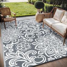 Pauwer Outdoor Rug Waterproof, Reversible Plastic Straw Rug RV Camping Rug, Indoor Outdoor Patio Mat, Outside Carpet For Porch,Deck,Camper,Balcony,Backyard,Picnic - Flower/Grey - View 14