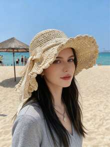 1顶女士宽檐沙滩草帽，夏季度假防晒帽，编织蕾丝饰边，柔软可折叠轻便沙滩遮阳帽，多功能宽檐可折叠草帽 - A - 查看 3