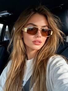 1 chiếc kính thời trang cao cấp phong cách hip-hop châu Âu và Mỹ cổ điển bằng kim loại dành cho nữ, hàng mới về. - lát trà khung vàng - Xem 2