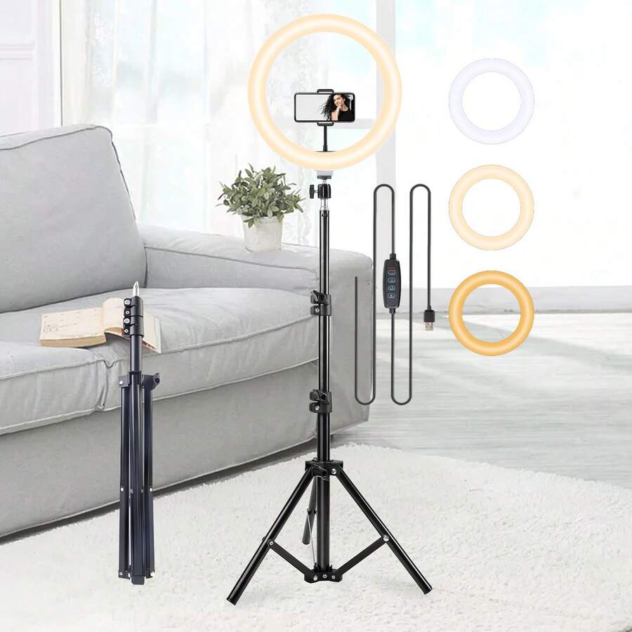 LinkdoSky Multi Functional 10 Inch LED Ring Light Kit With Adjustable Tripod (110cm) And Phone Holder - Tri Color Adjustment - USB Power Supply LED Light With Flexible Tripod Stand & Phone Holder,69 Color Modes Selfie Ring Light Suitable For Photography And Video Recording,Photo Selfie Video Recording Zoom Meeting, Handheld Selfie, Outdoor Activities, Interviews, Live Streaming,Vlogging