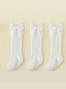3 Pairs Girls White Bow Decor Ribbed Knee High Socks, Suitable For School Uniform With Elementary & Middle School Students - White - View 11