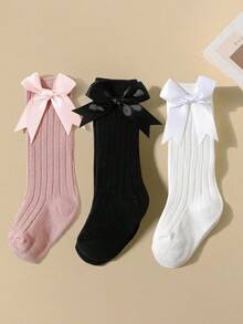 3 双女婴甜美蝴蝶结装饰罗纹高筒袜 - 彩色 - 查看 11